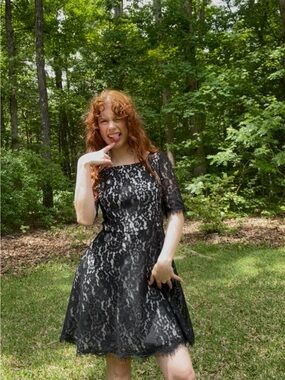 Banana Republic Black Lace Long-Sleeve Fit & Flare Dress